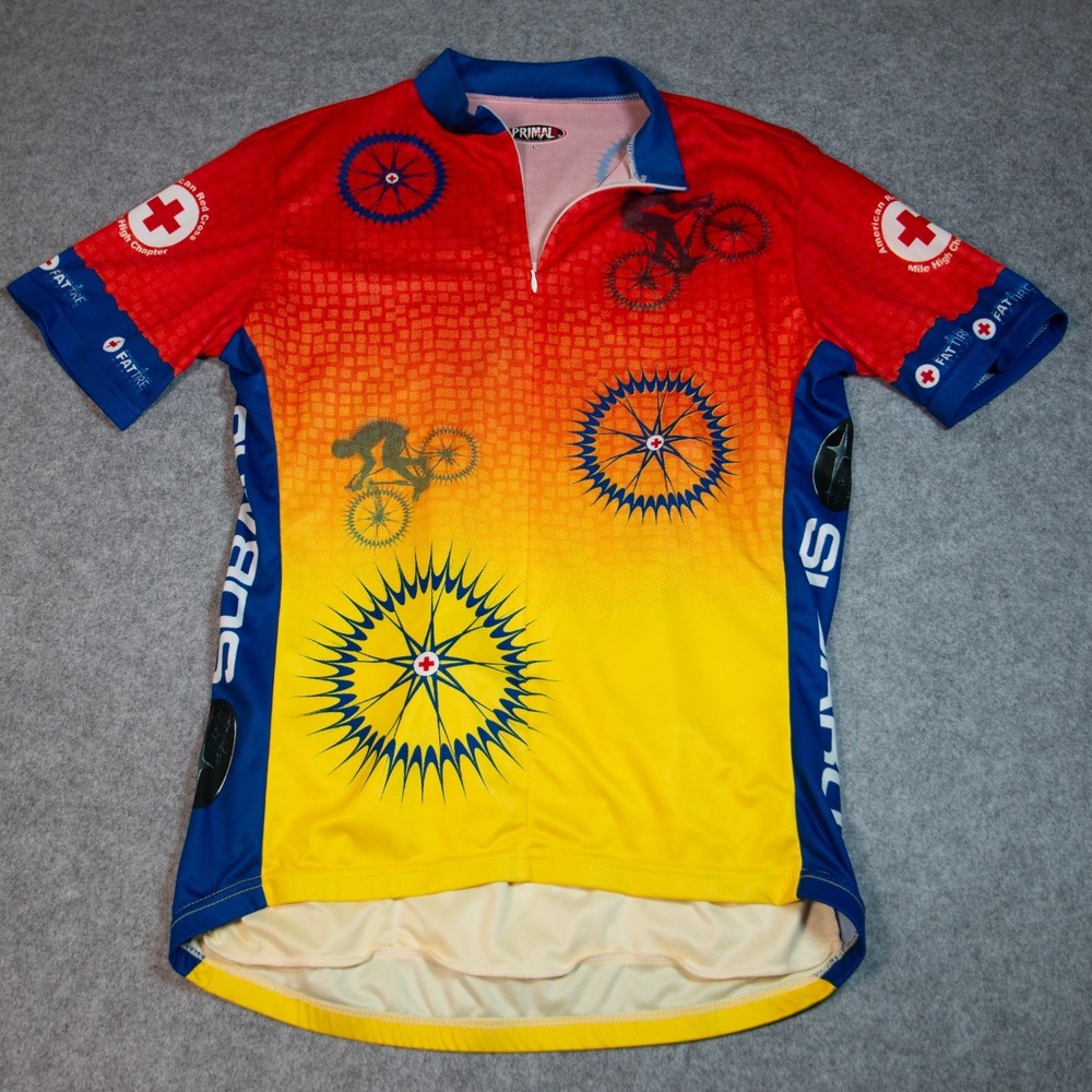 Primal Wear Subaru Cycling Jersey Red Yellow Gradient Short Sleeve Full Zip Sz L